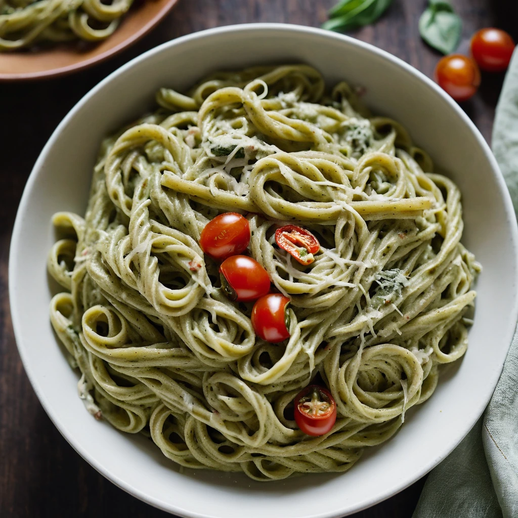 Pasta in a creamy green sauce with chunks of chicken and red sun-dried tomatoes served in a white bowl.