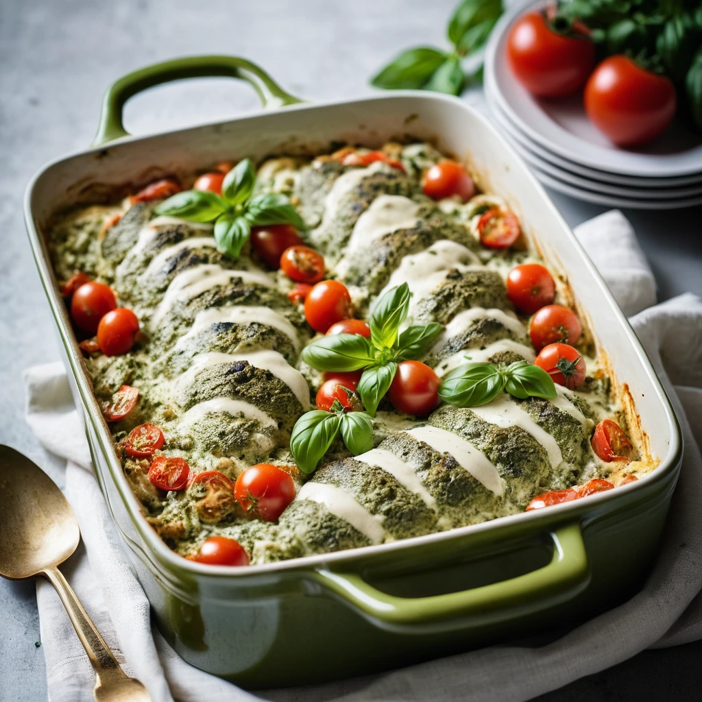 Baked dish with golden chicken, vibrant green pesto, and melted mozzarella cheese in a casserole dish.