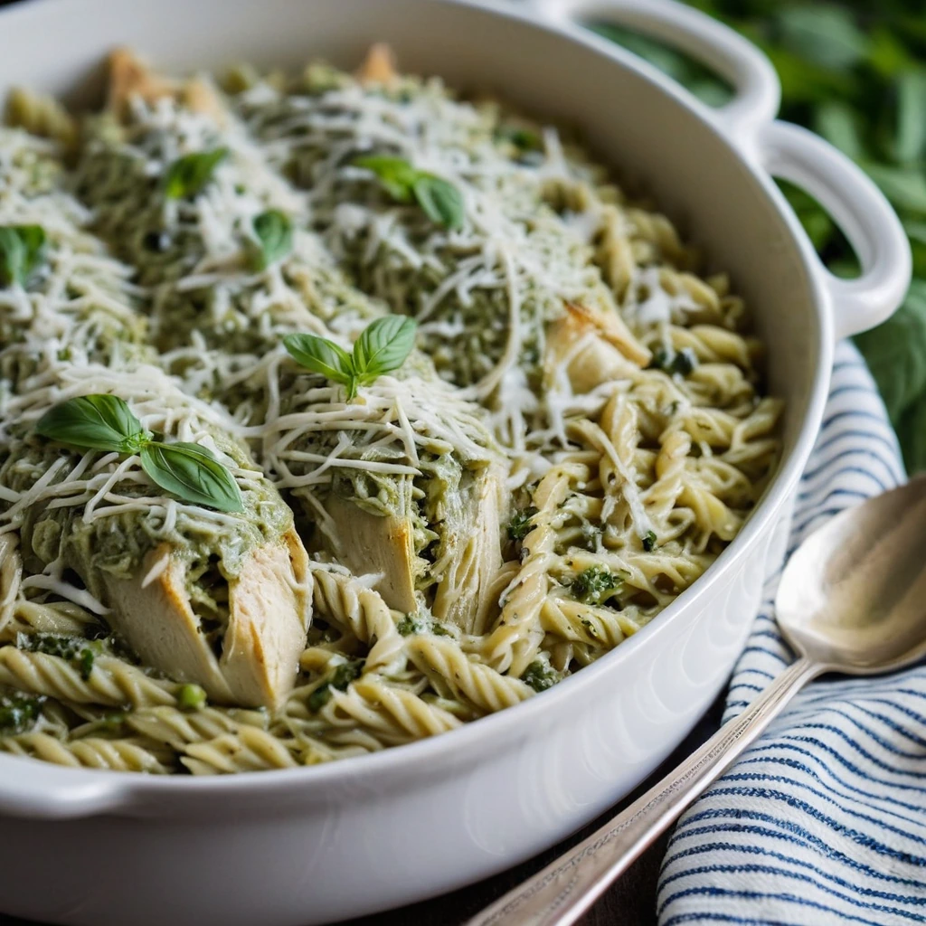 Golden orzo pasta topped with shredded chicken in a creamy pesto sauce, melted cheese on top, served in a baking dish.