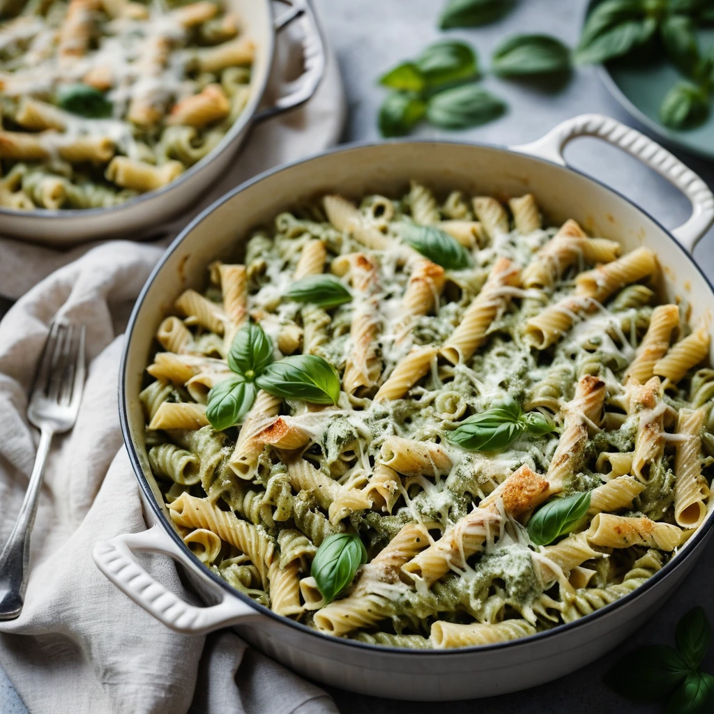 golden bubbly casserole with green pesto swirls, topped with melted cheese and chunks of chicken in a baking dish