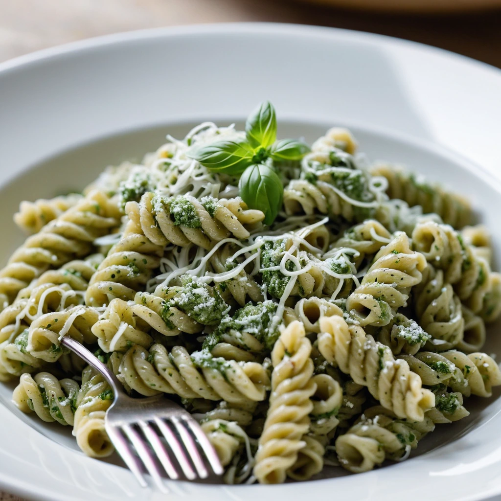 Rotini pasta twirled on a plate with chunks of chicken, coated in a vibrant green creamy pesto sauce, garnished with grated Parmesan.