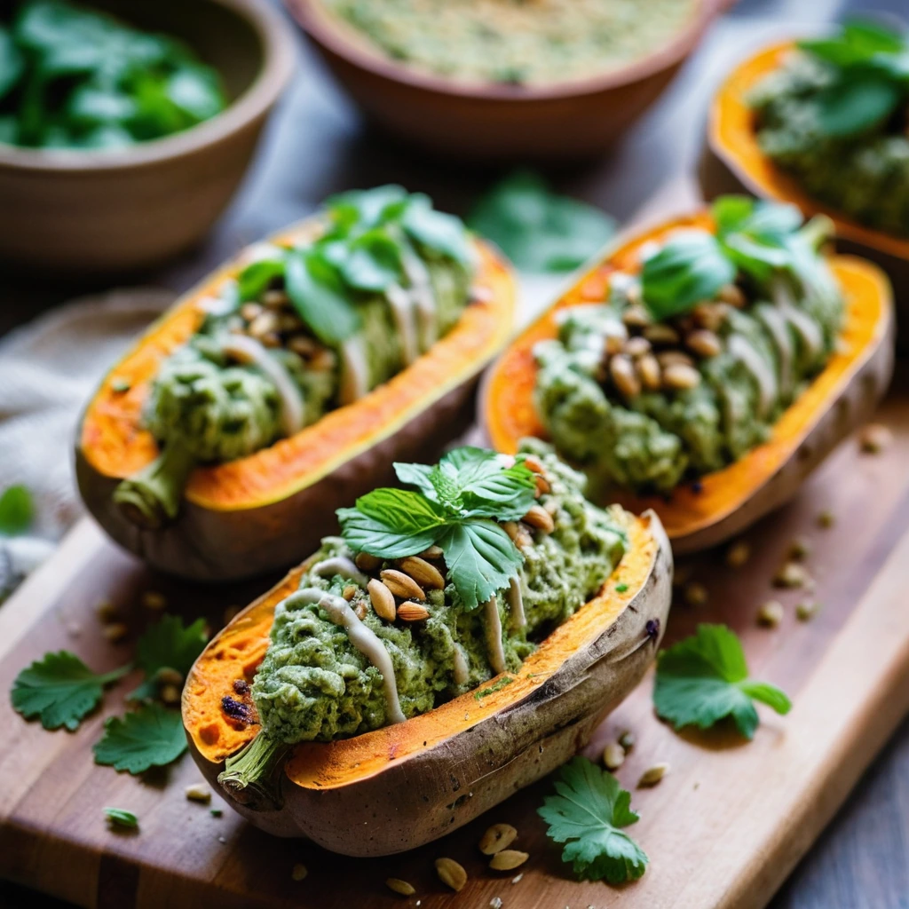Four halved sweet potatoes stuffed with creamy green pesto and shredded chicken, roasted to golden perfection, arranged on a rustic wooden board.