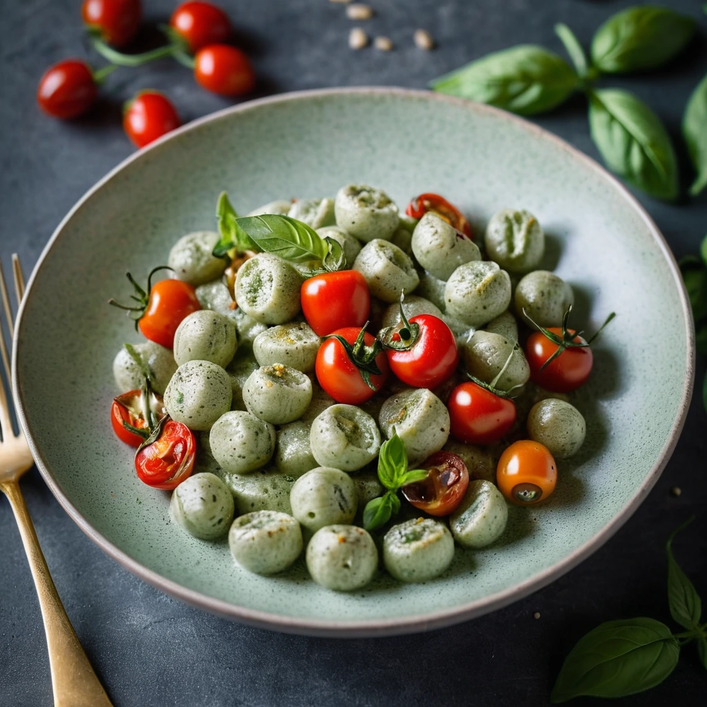 Gnocchi in a creamy green sauce with golden roasted cherry tomatoes in a pasta bowl
