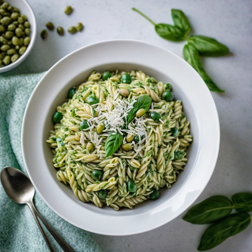 Green orzo pasta in a creamy pesto sauce with peas and spinach in a white bowl.