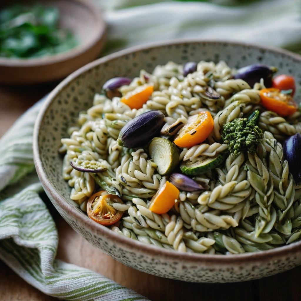 Golden roasted vegetables atop creamy green orzo in a rustic bowl.