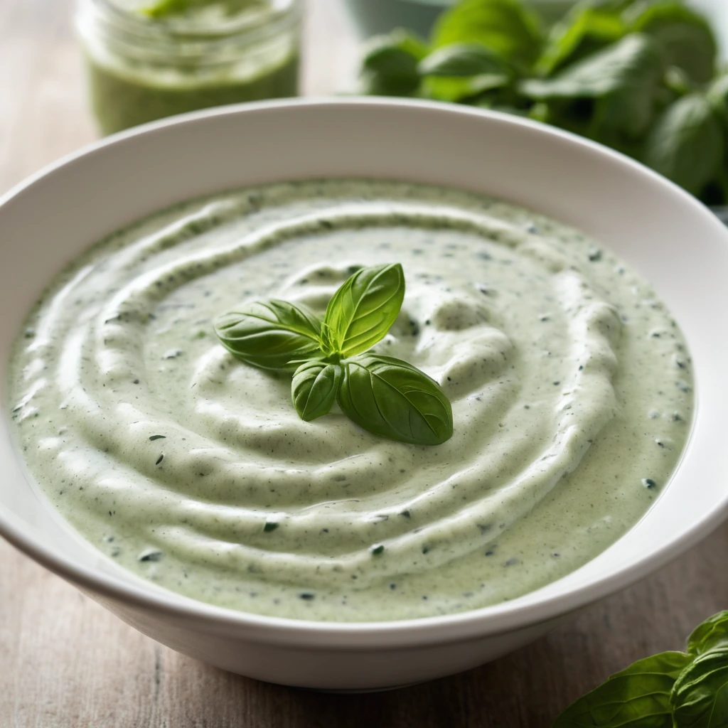 A bowl of vibrant green creamy dressing with a drizzle pattern on top