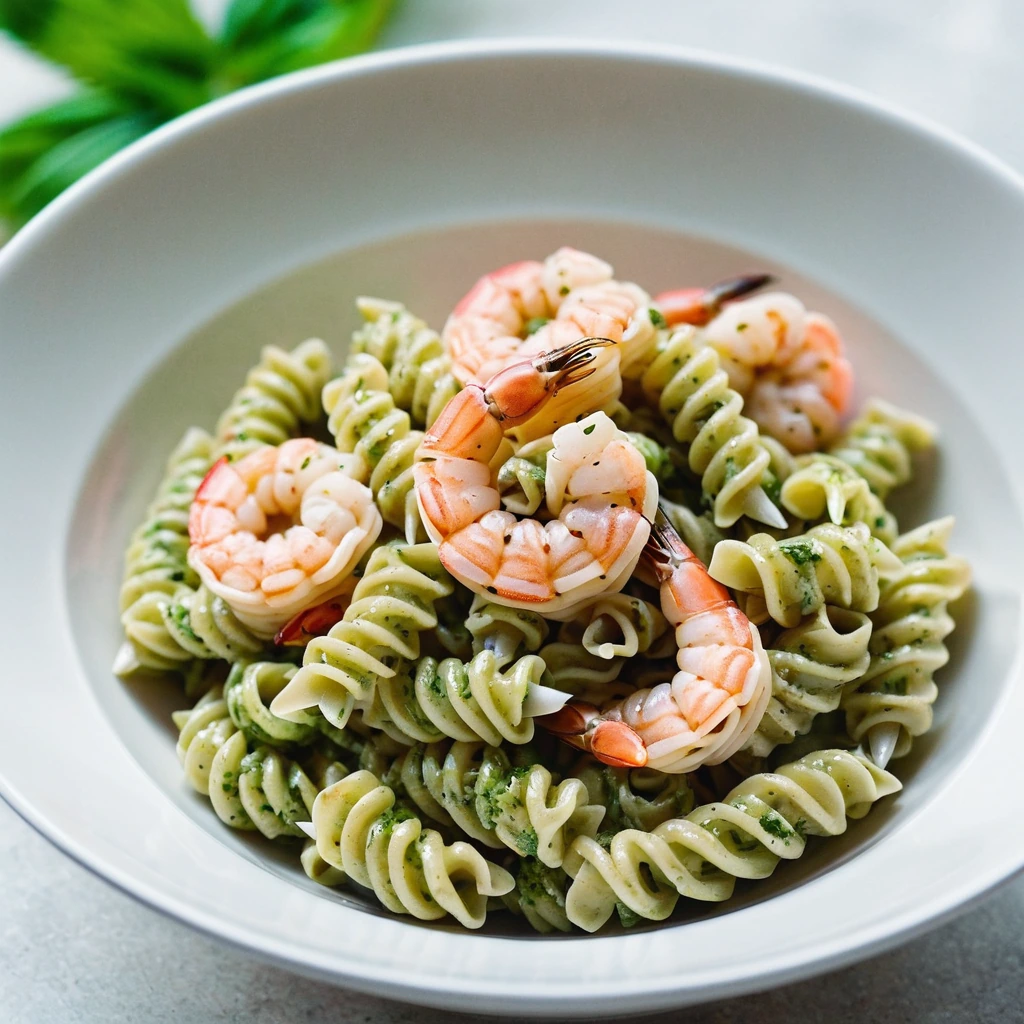 Twirls of green pesto-coated rotini pasta with pink shrimp served in a white pasta bowl