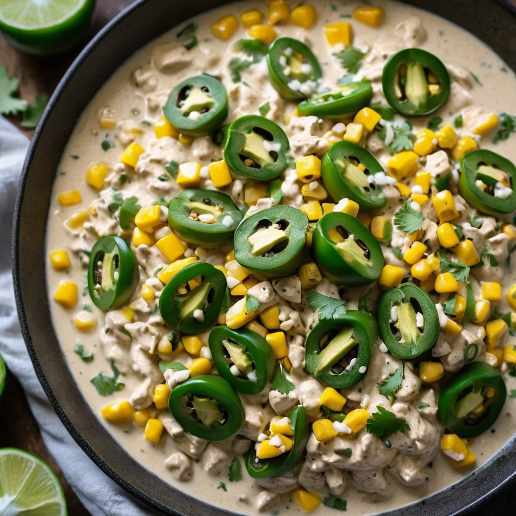 Golden skillet with creamy green and yellow mixture, topped with shredded chicken and diced poblano peppers.