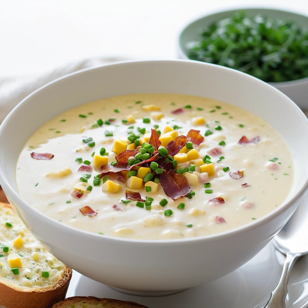 Golden chowder in a white bowl topped with green chives and crispy bacon bits