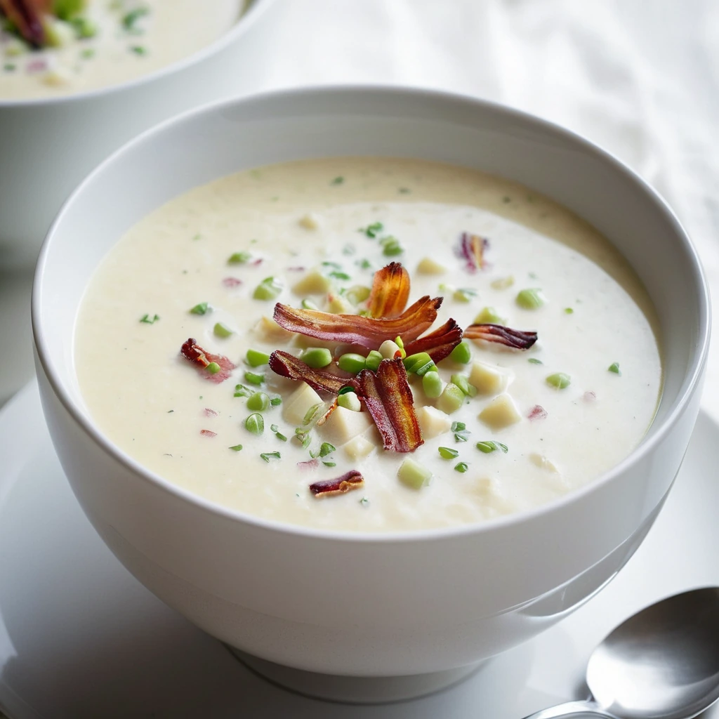A steaming bowl of thick, creamy soup with chunks of potato and green leeks, topped with crispy bacon bits.