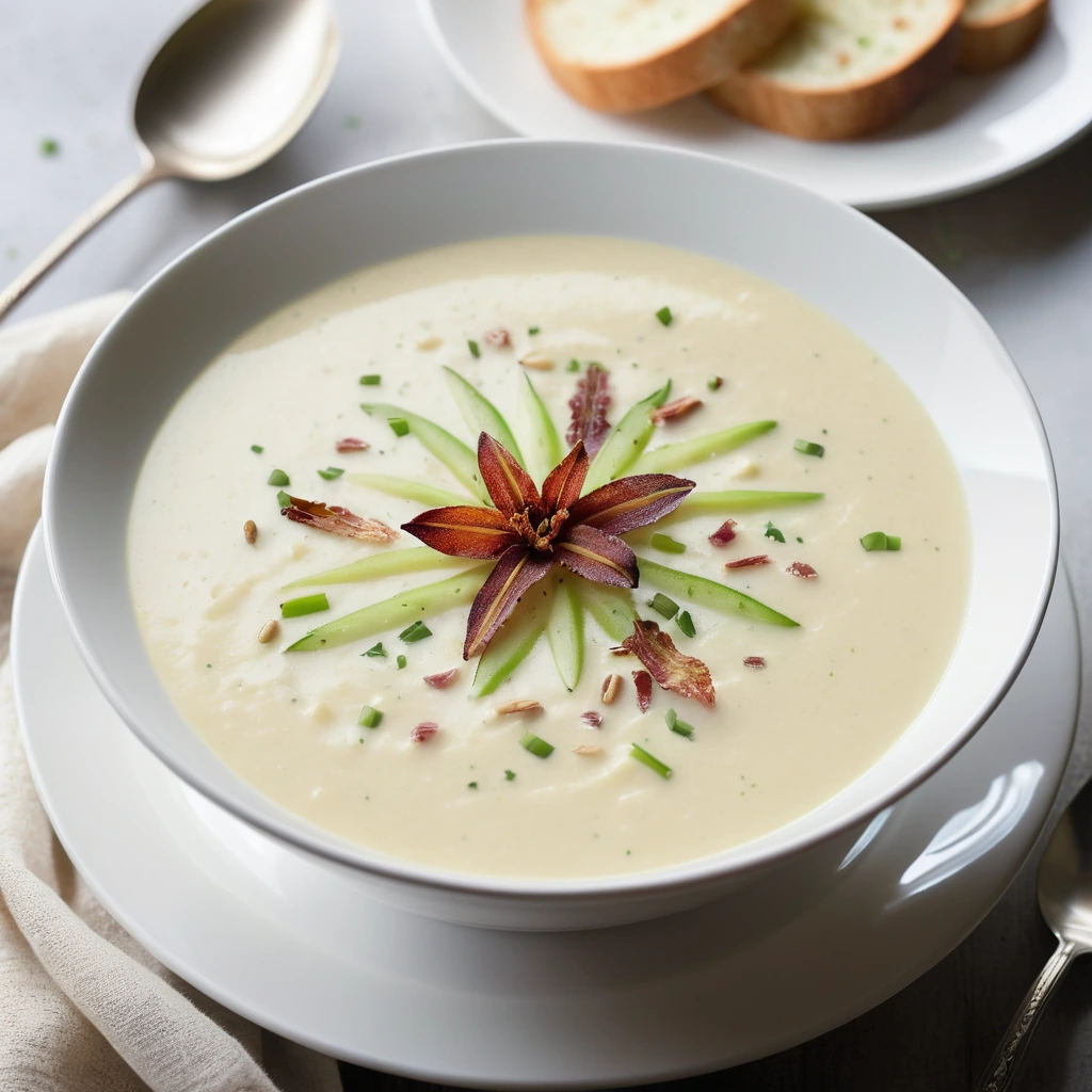 Steaming bowl of creamy golden soup with green leeks and crispy bacon bits sprinkled on top.