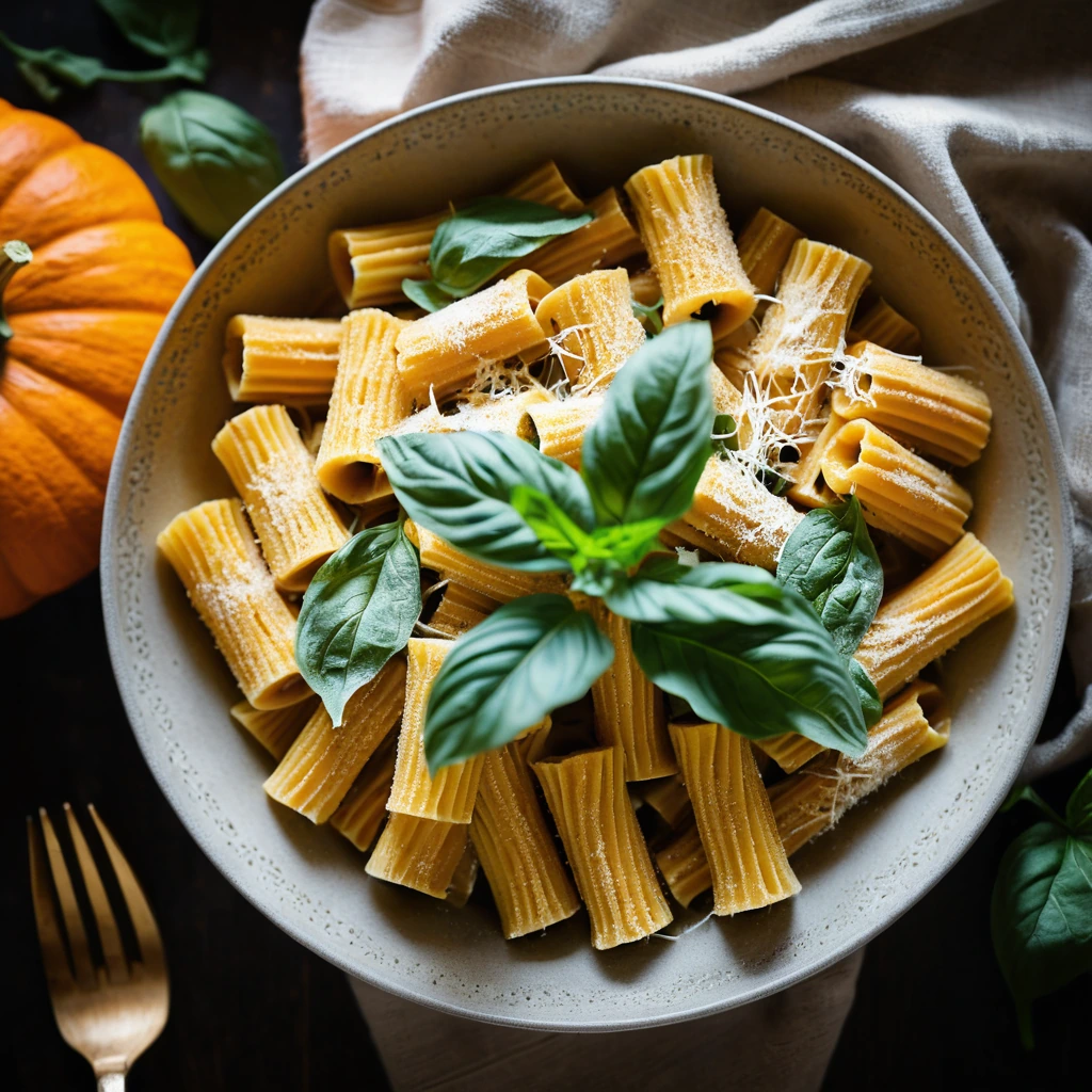 Golden rigatoni pasta in a creamy orange sauce topped with fresh basil and grated Parmesan in a rustic bowl.