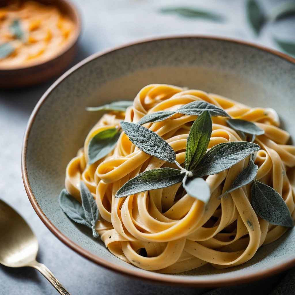 Golden pasta twirled in a creamy orange sauce with crispy sage leaves scattered on top in a rustic bowl