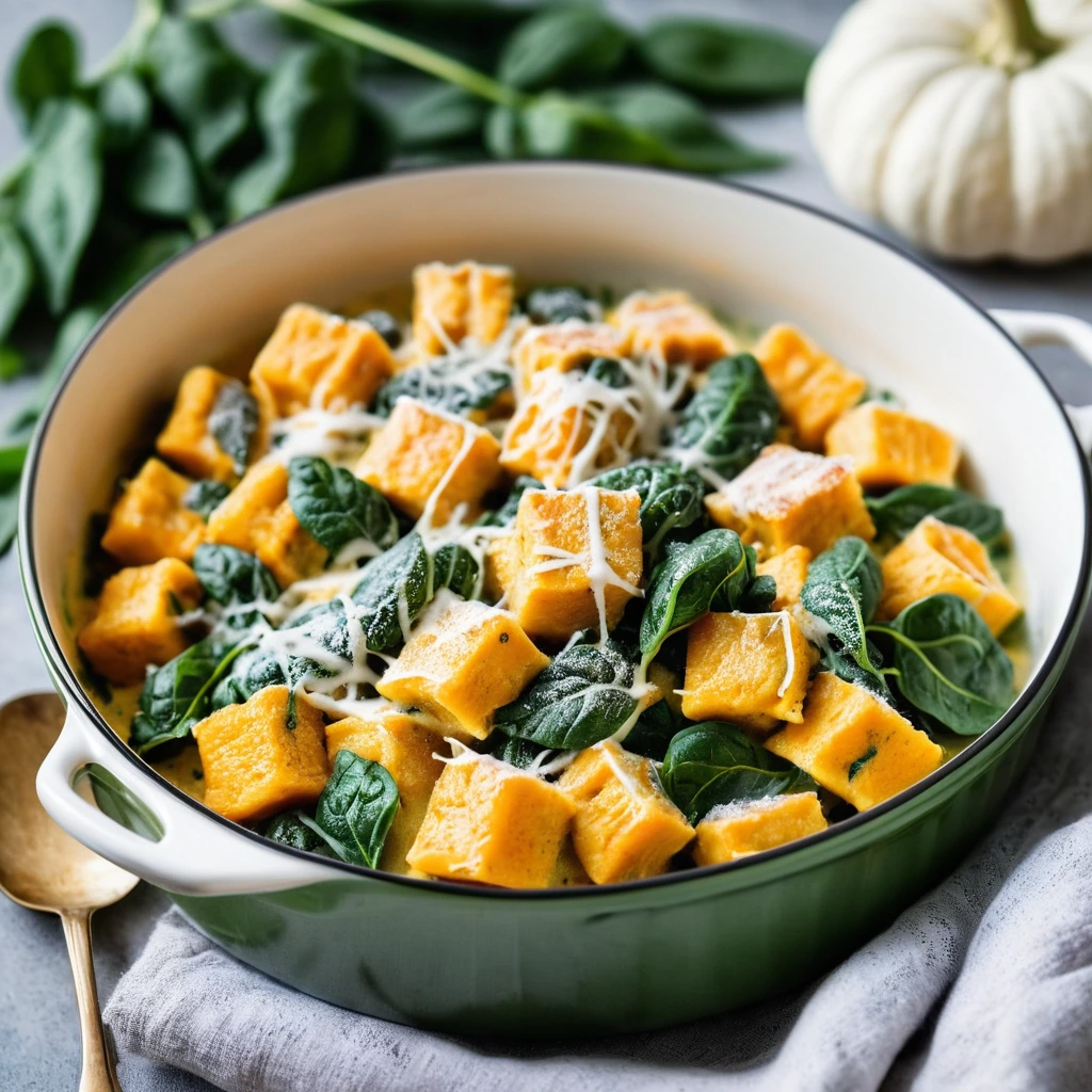 Golden-brown bubbly baked gnocchi topped with melted cheese, flecks of green spinach, and chunks of pumpkin in a creamy sauce.