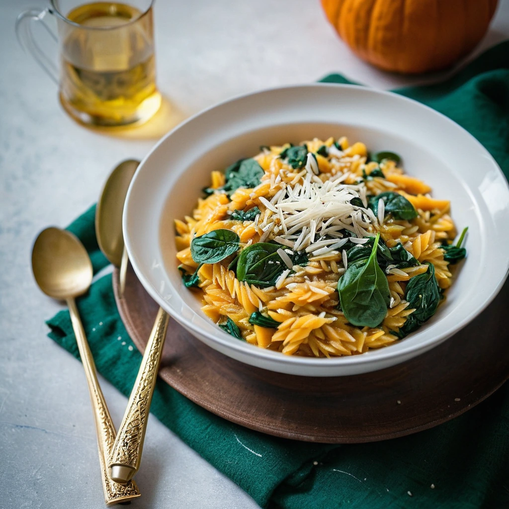 Golden orzo pasta in a creamy orange sauce with wilted green spinach, served in a shallow bowl with grated Parmesan on top.