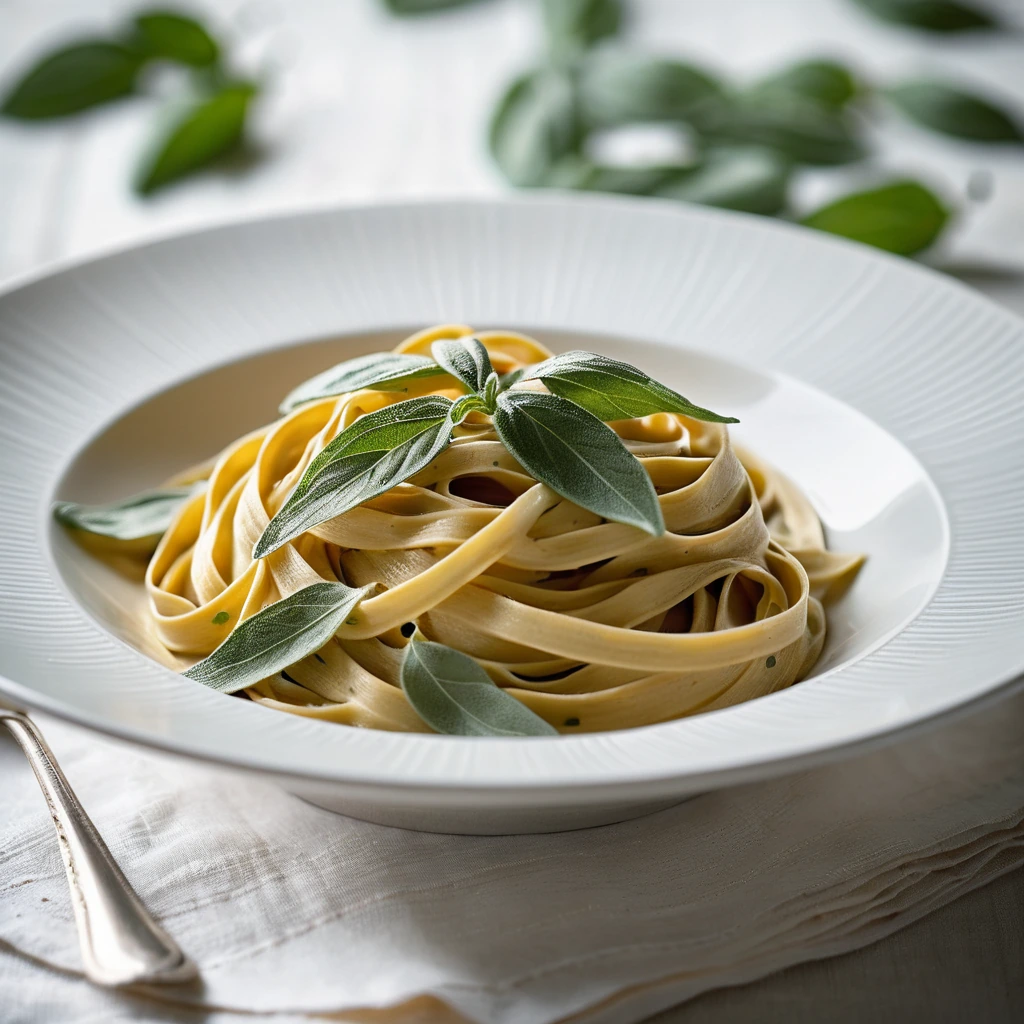 Golden fettuccine in a creamy orange sauce with green sage leaves scattered on top, served in a shallow bowl.