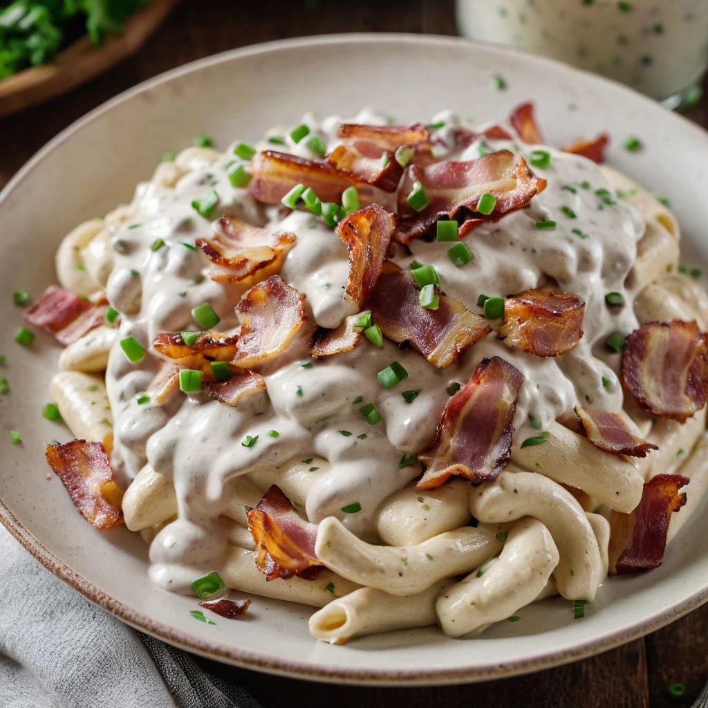 Creamy ranch sauce with chicken and bacon in a skillet, garnished with green onions on a rustic plate.