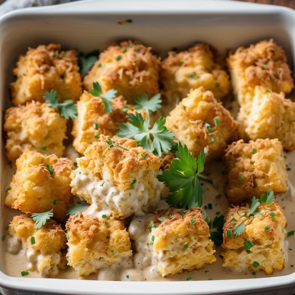 Baked casserole with layers of crispy tater tots and tender chicken, drenched in creamy ranch sauce, golden brown on top.