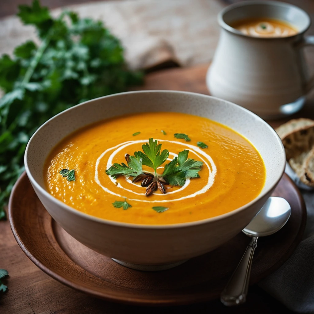 Steamy orange soup in a rustic bowl, garnished with fresh cilantro.