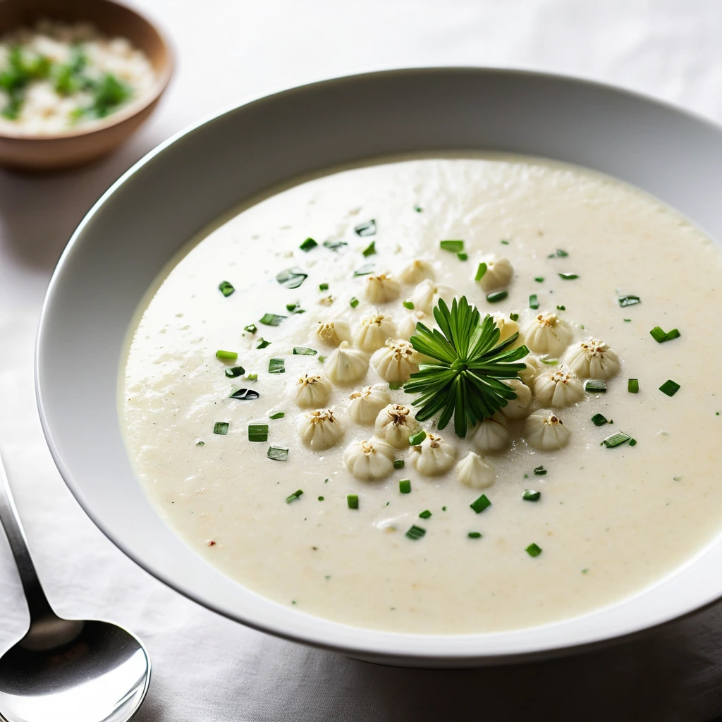 Steamy bowl of creamy white soup with golden garlic cloves and green chives sprinkled on top.
