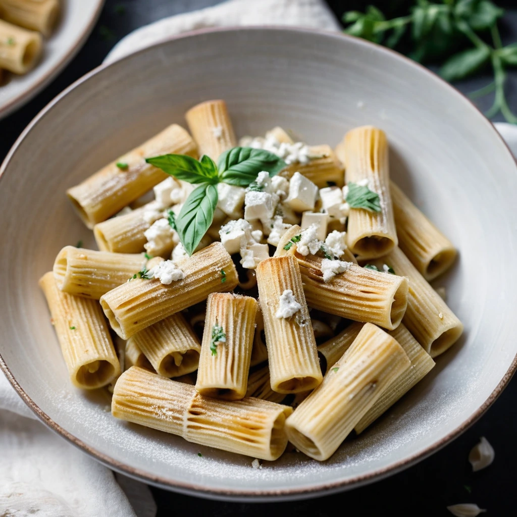 Creamy white pasta in a bowl with golden roasted garlic cloves and crumbled goat cheese on top