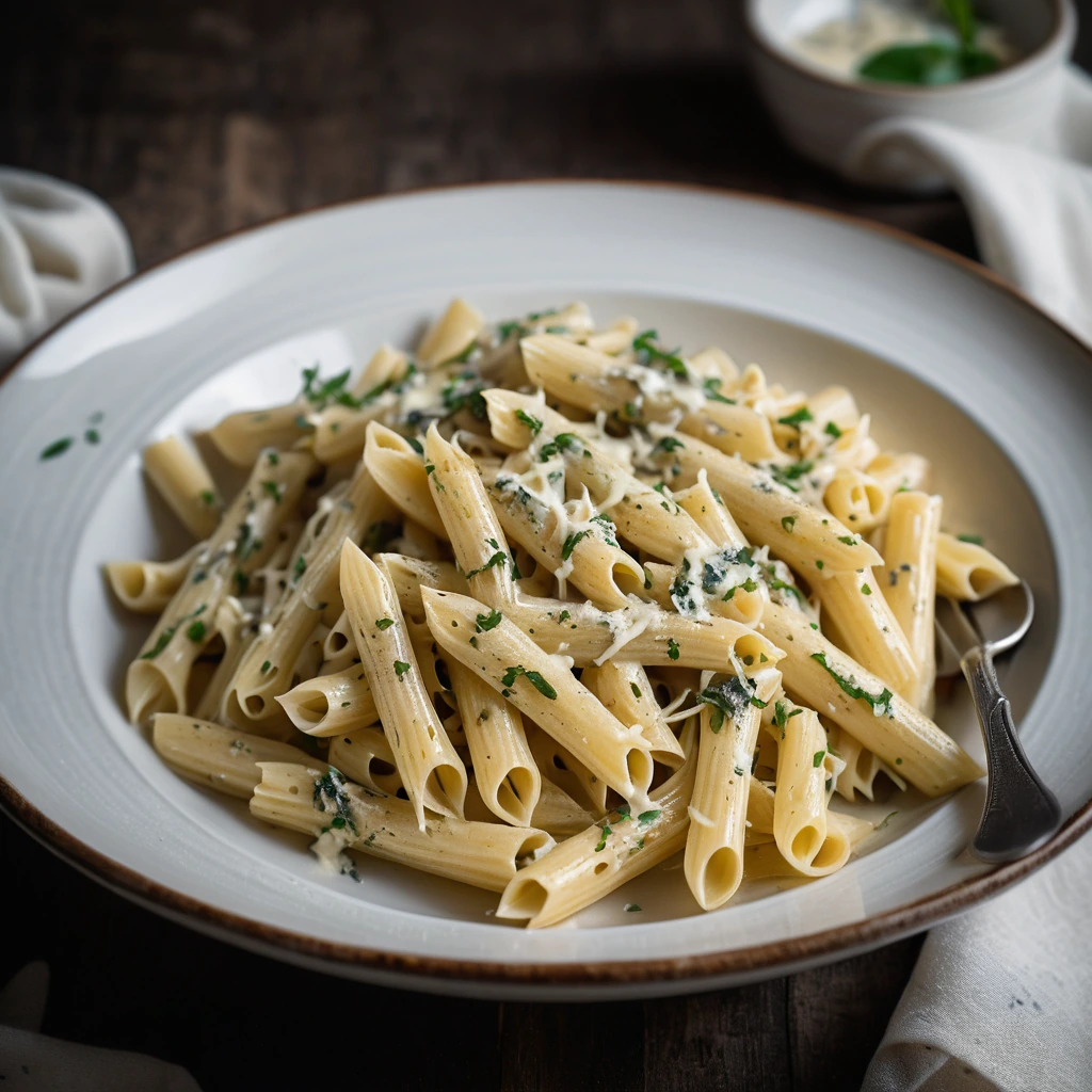 Golden pasta in a creamy white sauce with roasted garlic cloves scattered on top, served in a rustic bowl.