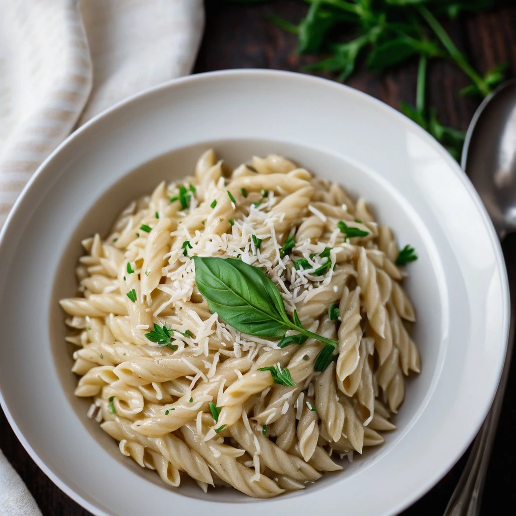 Golden orzo pasta in a creamy white sauce, sprinkled with roasted garlic cloves and grated Parmesan in a white bowl.