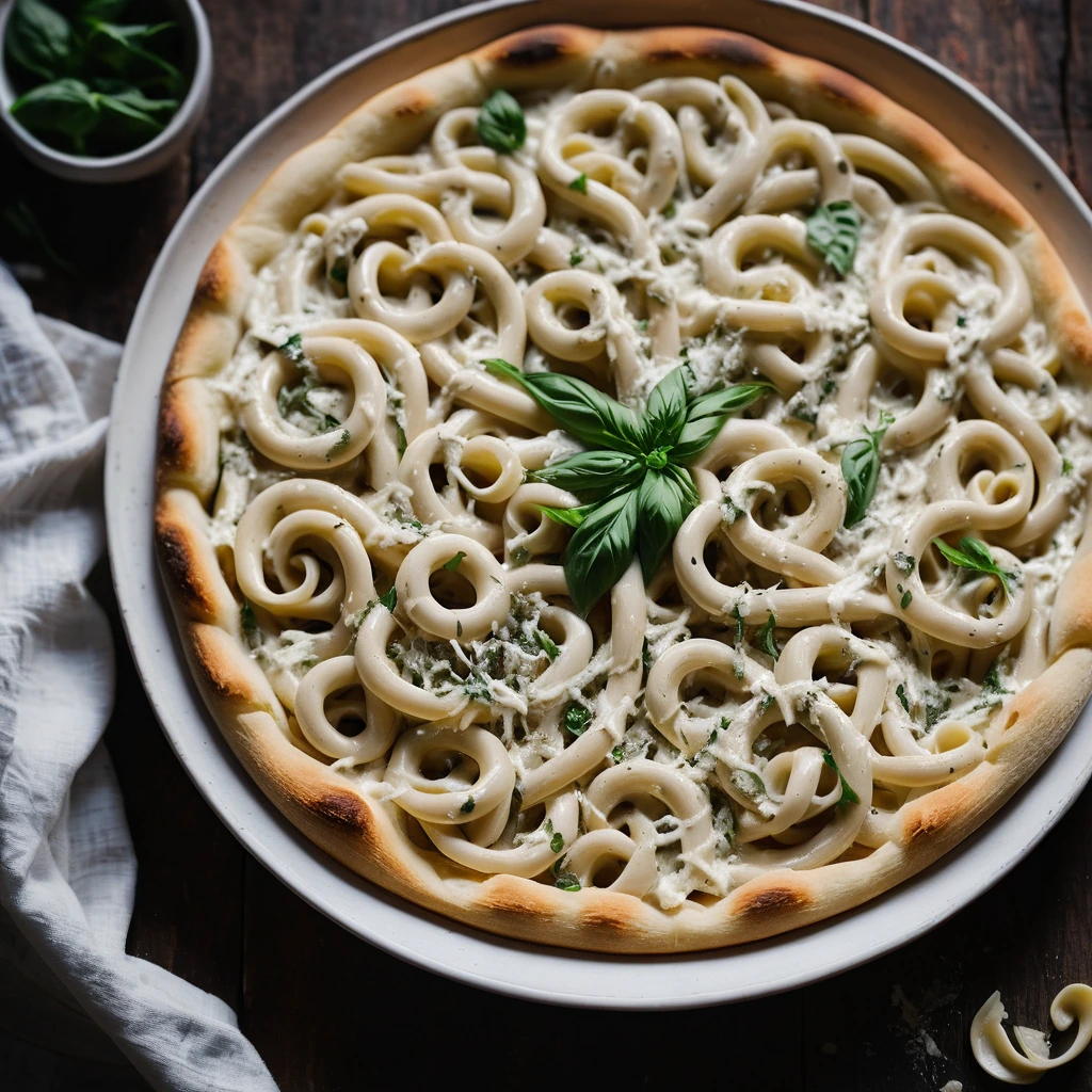Golden pasta swirled in creamy white sauce, dotted with roasted garlic cloves and melted mozzarella in a rustic bowl.