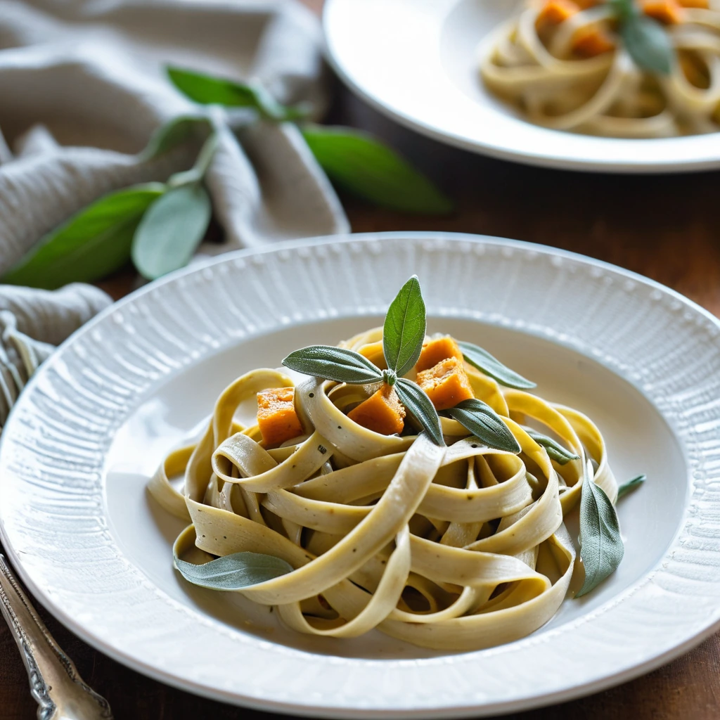 Plump fettuccine ribbons in a creamy sauce, topped with roasted pumpkin cubes and fresh sage leaves on a rustic plate.