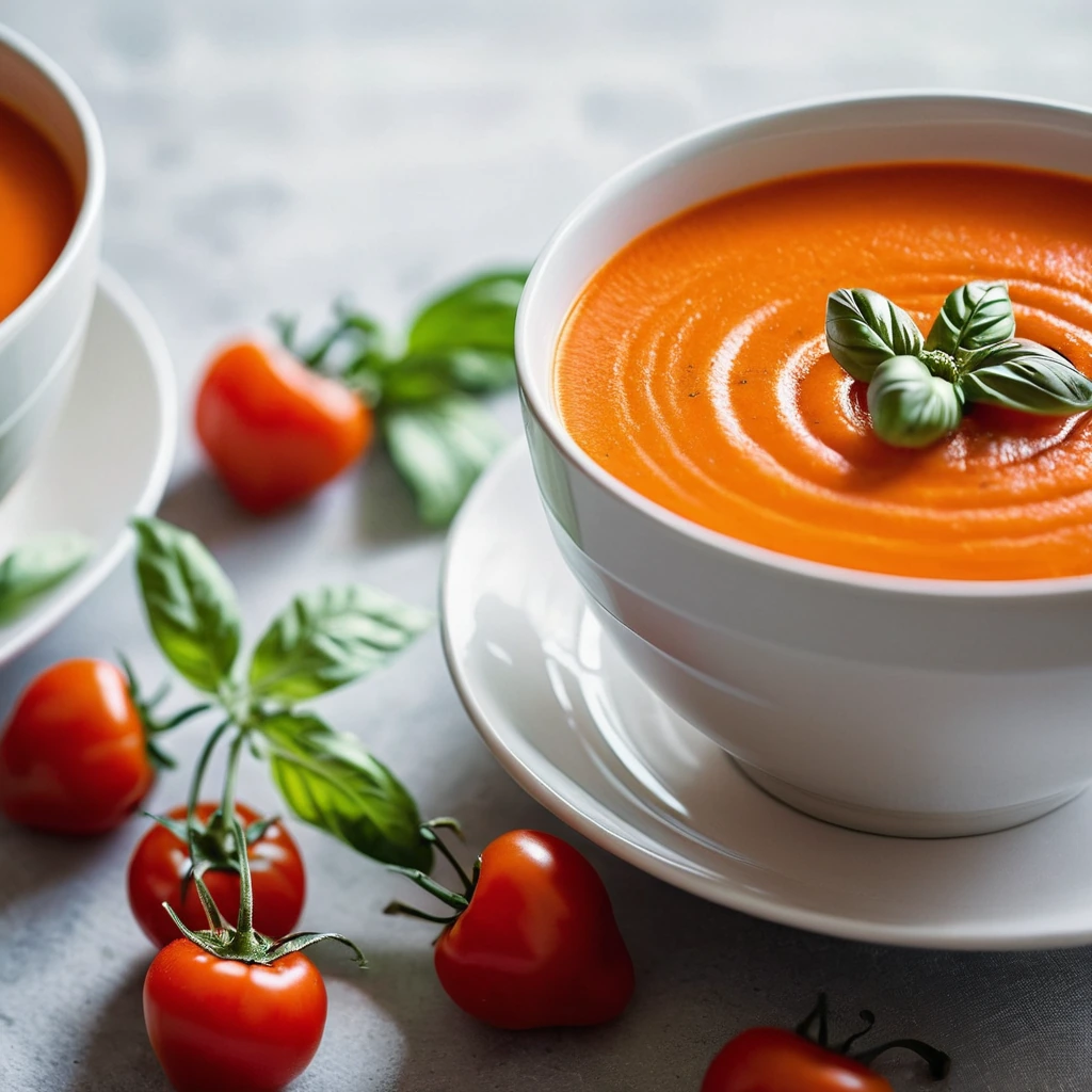 Smooth orange soup in a white bowl, garnished with fresh basil.
