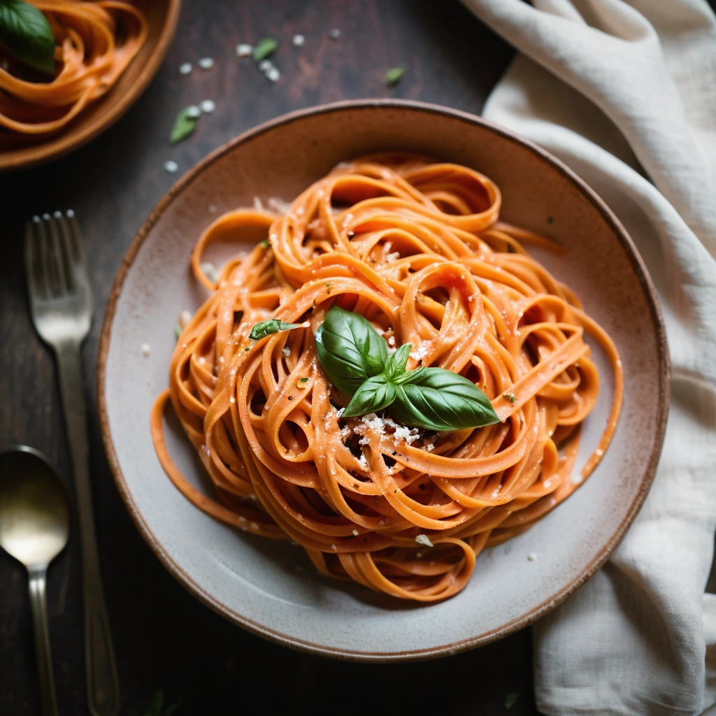 Golden fettuccine in a vibrant orange sauce, garnished with fresh basil and grated parmesan, served in a rustic bowl.