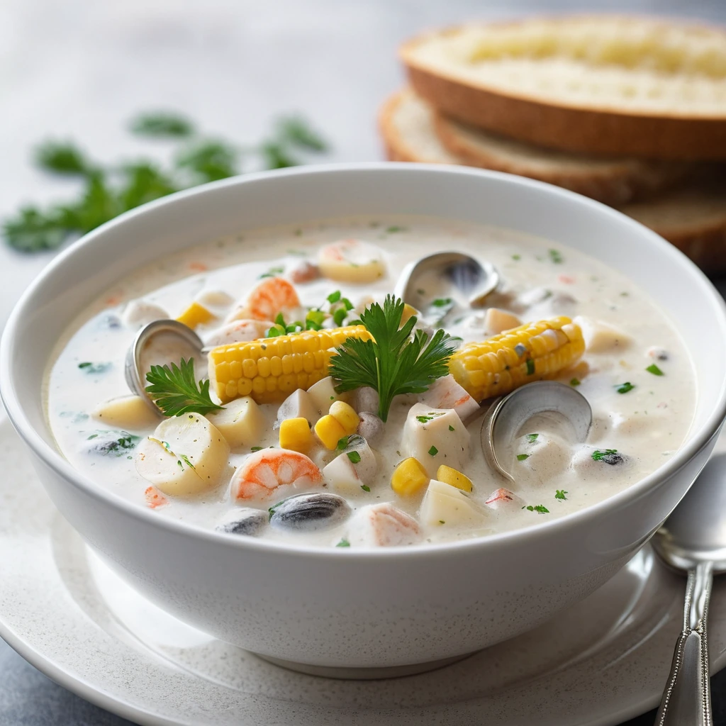 Steamy white chowder in a rustic bowl garnished with parsley and a sprinkle of paprika.