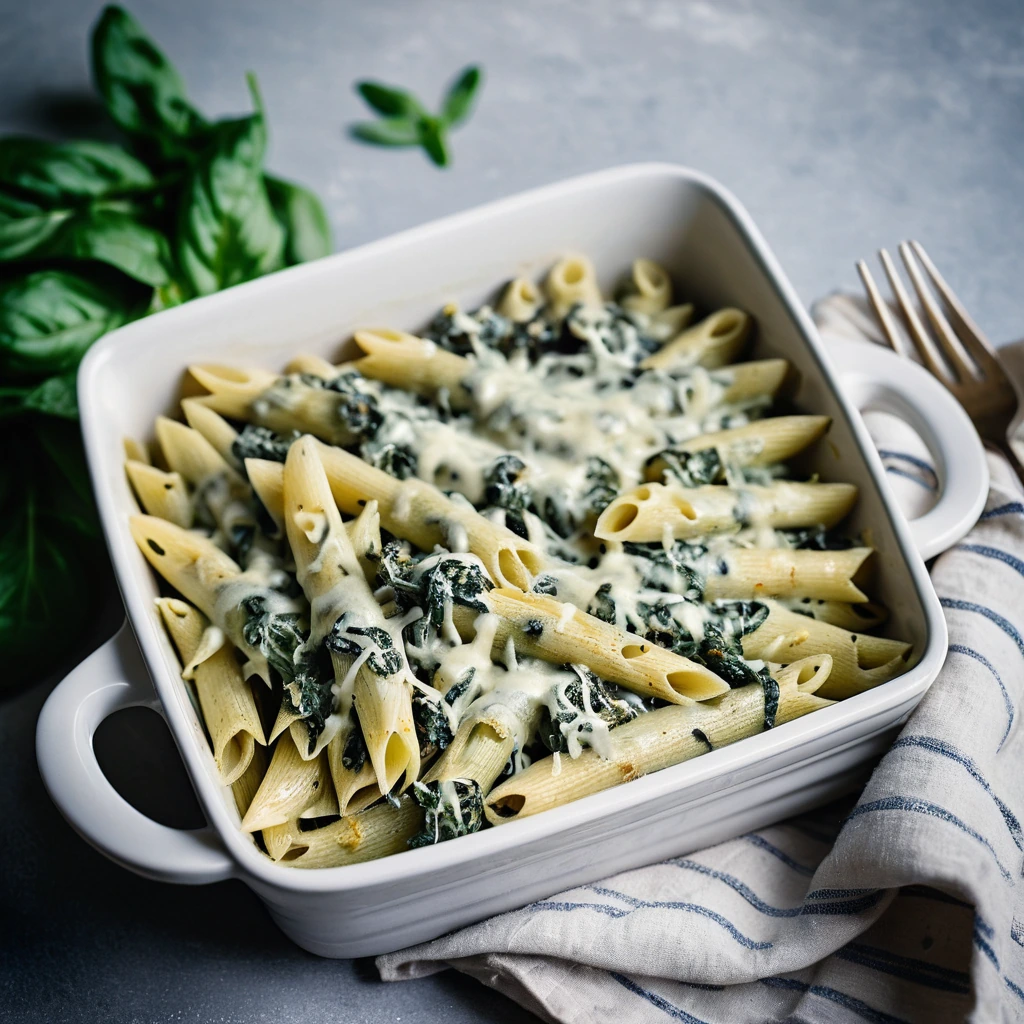 Penne pasta baked with creamy spinach and artichoke sauce, topped with melted cheese in a baking dish.
