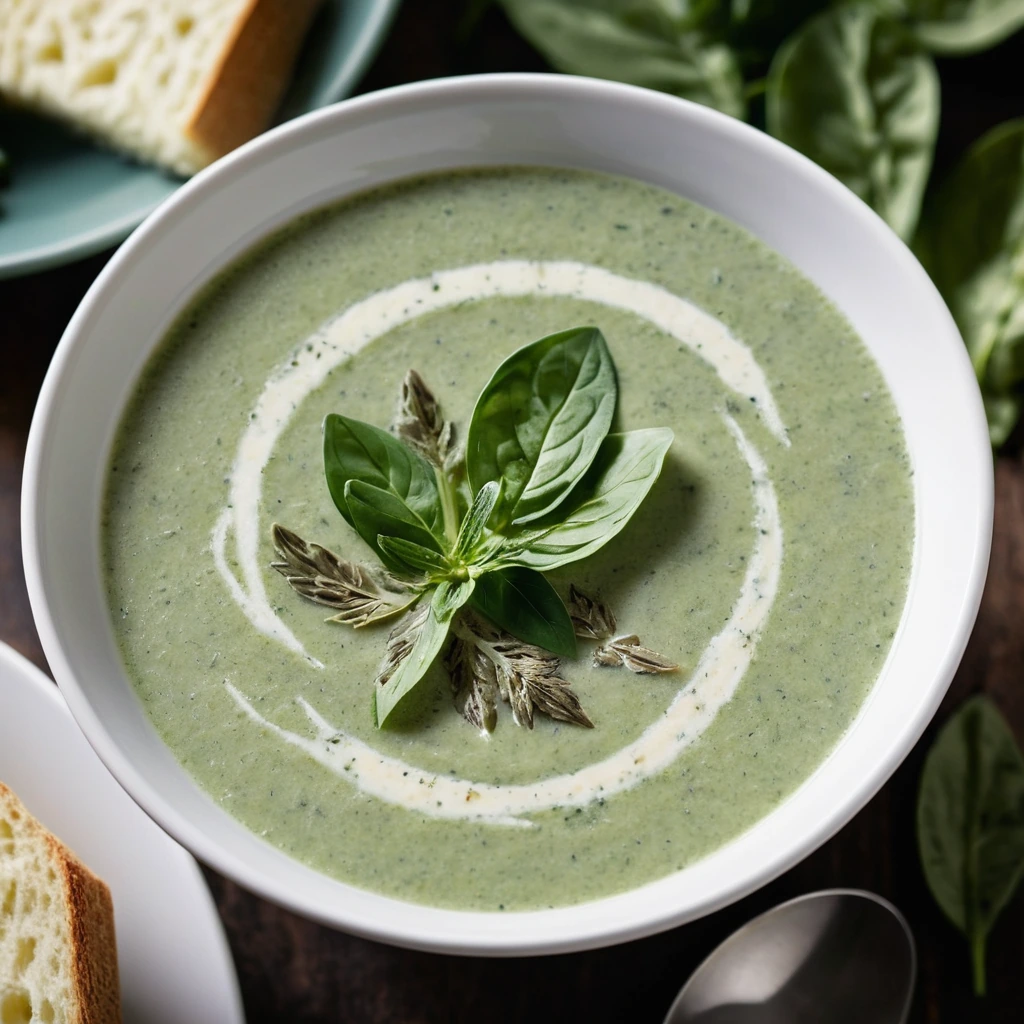 Steamy bowl of creamy green soup with chunks of spinach and artichokes, garnished with grated parmesan.