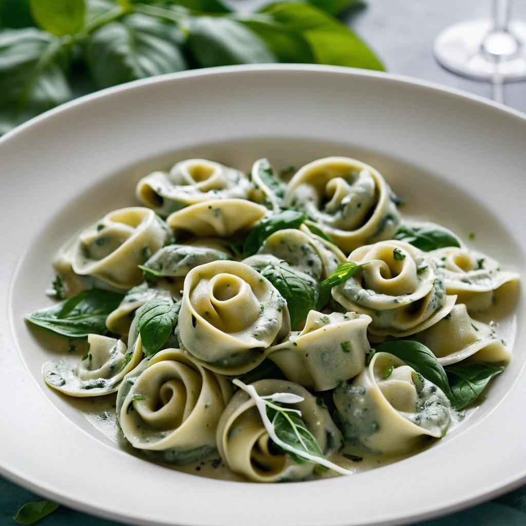 Golden tortellini in a creamy, green sauce topped with melted cheese and fresh herbs.
