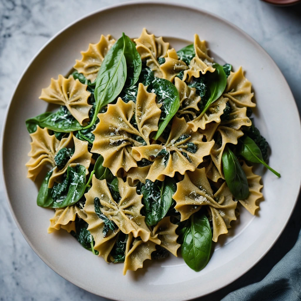 Golden farfalle pasta twirled on a plate with lush green spinach and deep red sun-dried tomato pieces in a creamy sauce.