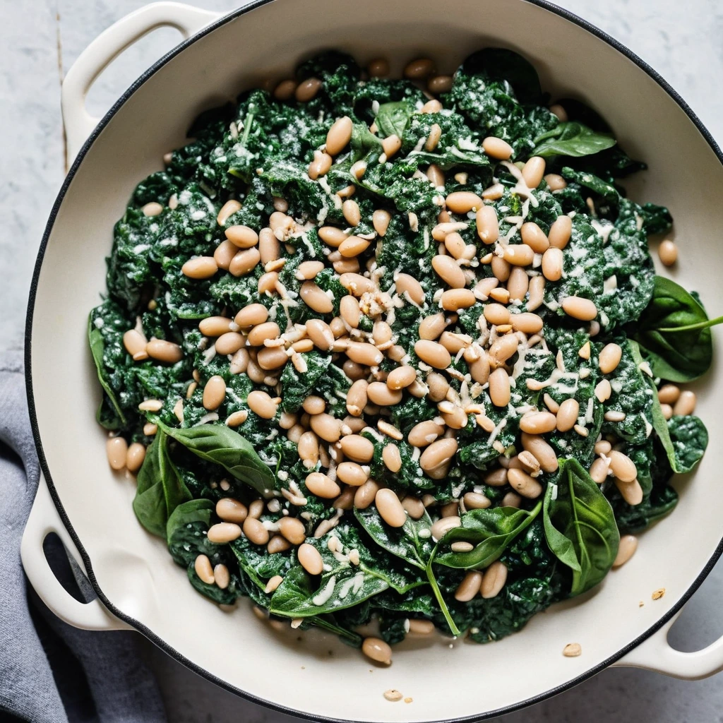 Green spinach and white beans in a creamy sauce in a skillet with golden toasted breadcrumbs on top