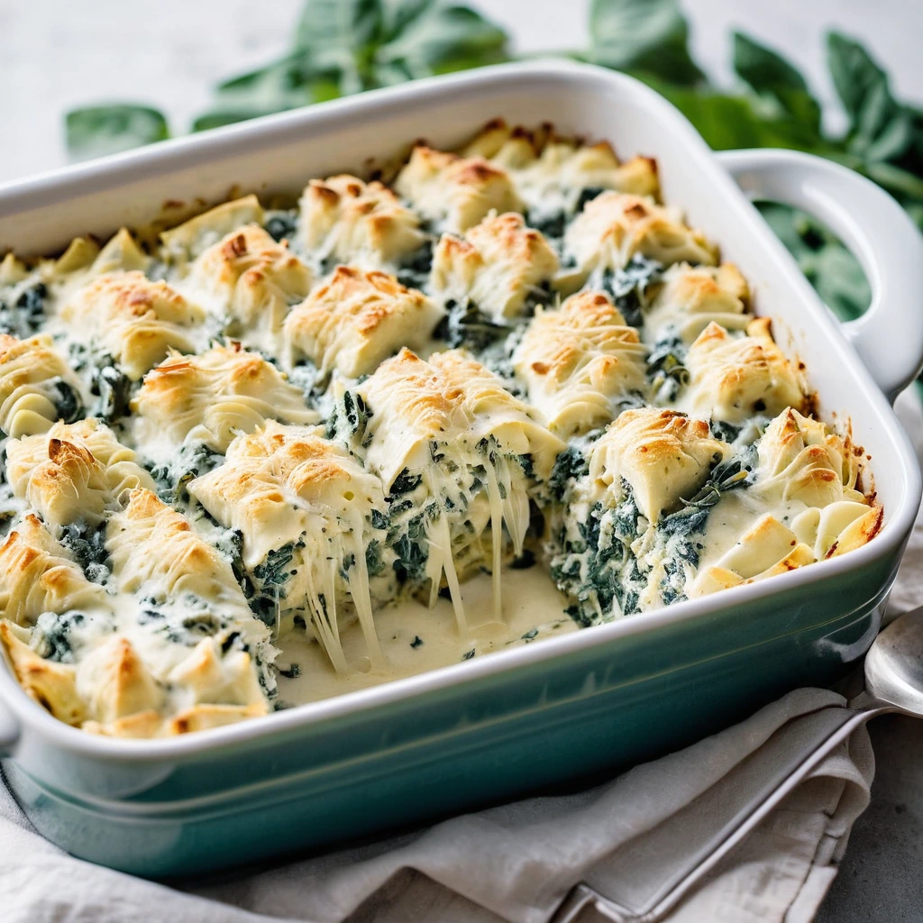 A bubbling casserole dish with layers of shredded chicken, spinach, and artichoke hearts topped with melted cheese in a golden oven-safe dish.