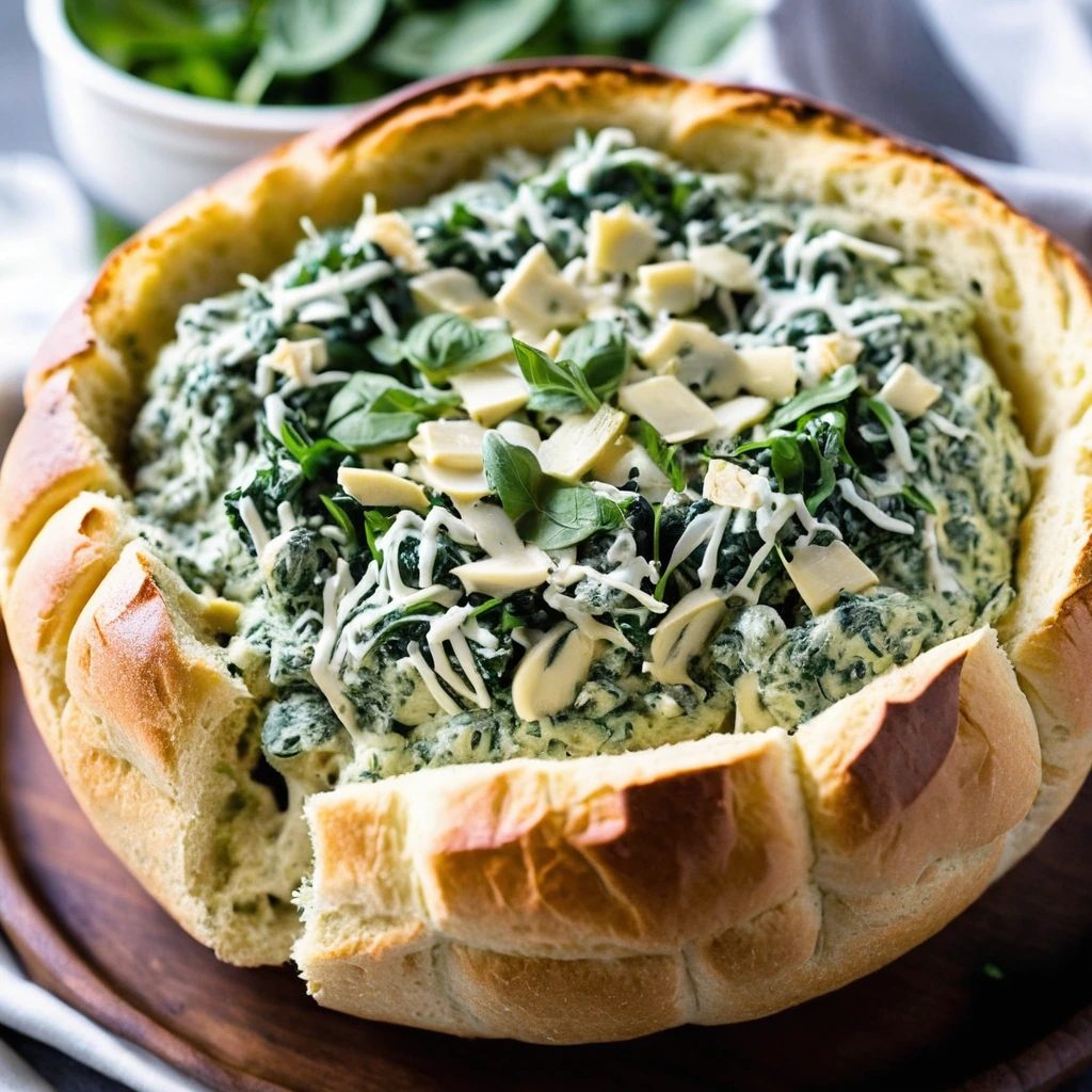 Golden bread bowl overflowing with creamy green spinach and artichoke dip, topped with melted cheese and fresh herbs.