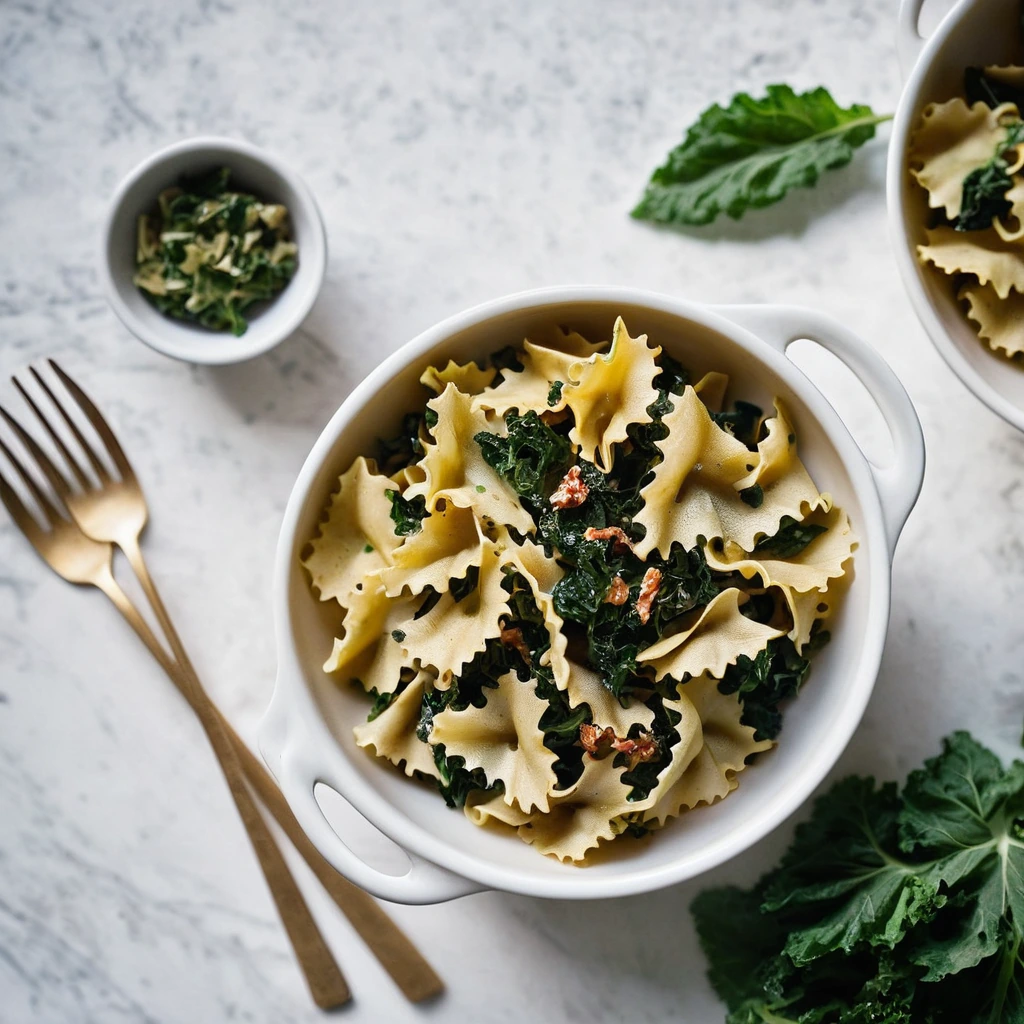 Golden farfalle pasta in a vibrant green and red creamy sauce topped with fresh kale leaves in a white bowl.