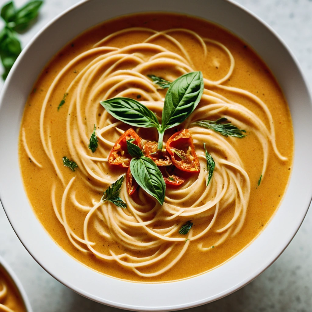 Golden orzo pasta swirled in a creamy orange-hued soup with flecks of green herbs, served in a rustic white bowl.