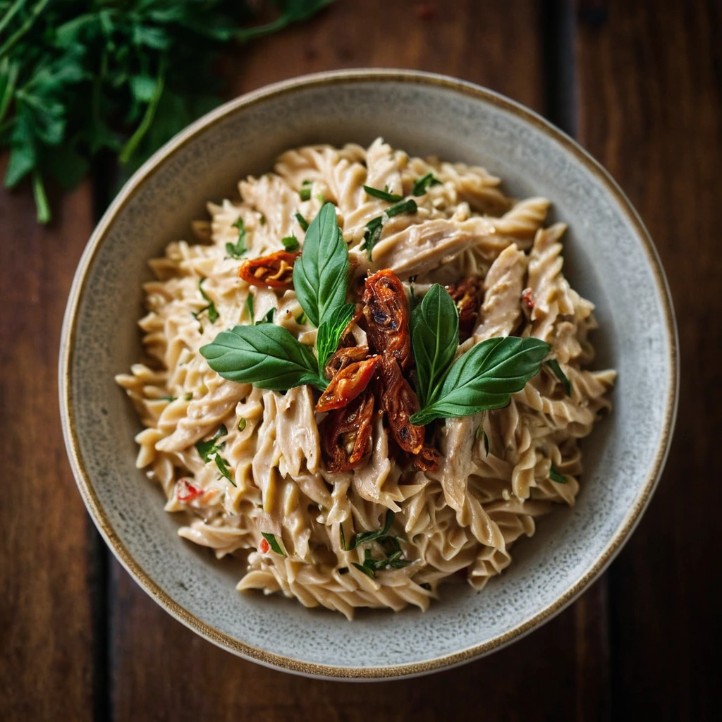 Creamy orzo pasta in a golden bowl, dotted with red sun-dried tomatoes and shredded chicken.