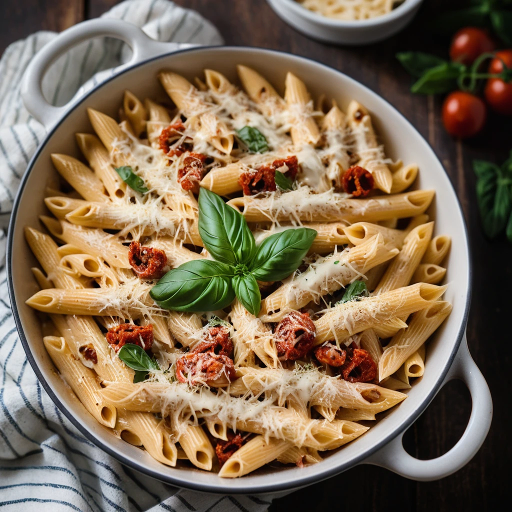 Baked penne pasta with chicken, sun-dried tomatoes, and melted cheese in a creamy sauce, topped with golden breadcrumbs.