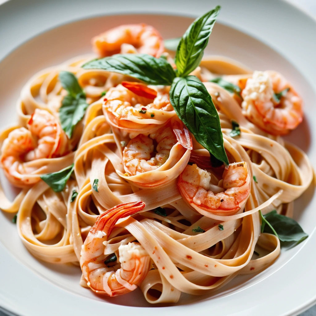 Golden fettuccine in a vibrant orange sauce with pink shrimp and green basil garnish on a white plate.