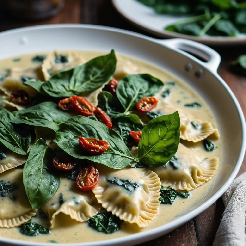 Golden ravioli in a creamy orange sauce with vibrant green spinach and red sun-dried tomatoes in a skillet.