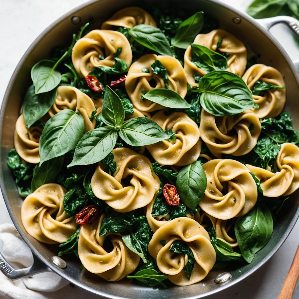 Golden skillet with creamy pasta, vibrant green spinach, and flecks of red sun-dried tomatoes.
