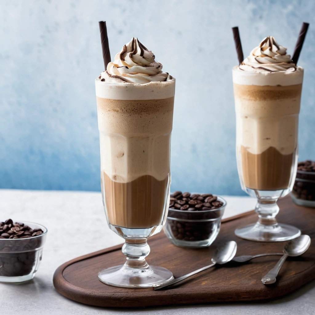 Glass of creamy iced coffee with espresso shot layered over and dusted cocoa powder on top