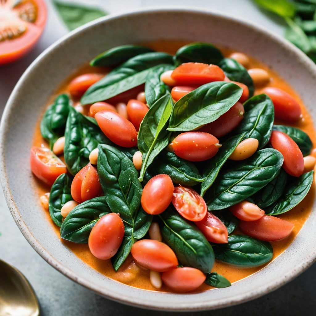 Bowl of creamy butter beans in a rich red sauce with fresh spinach leaves
