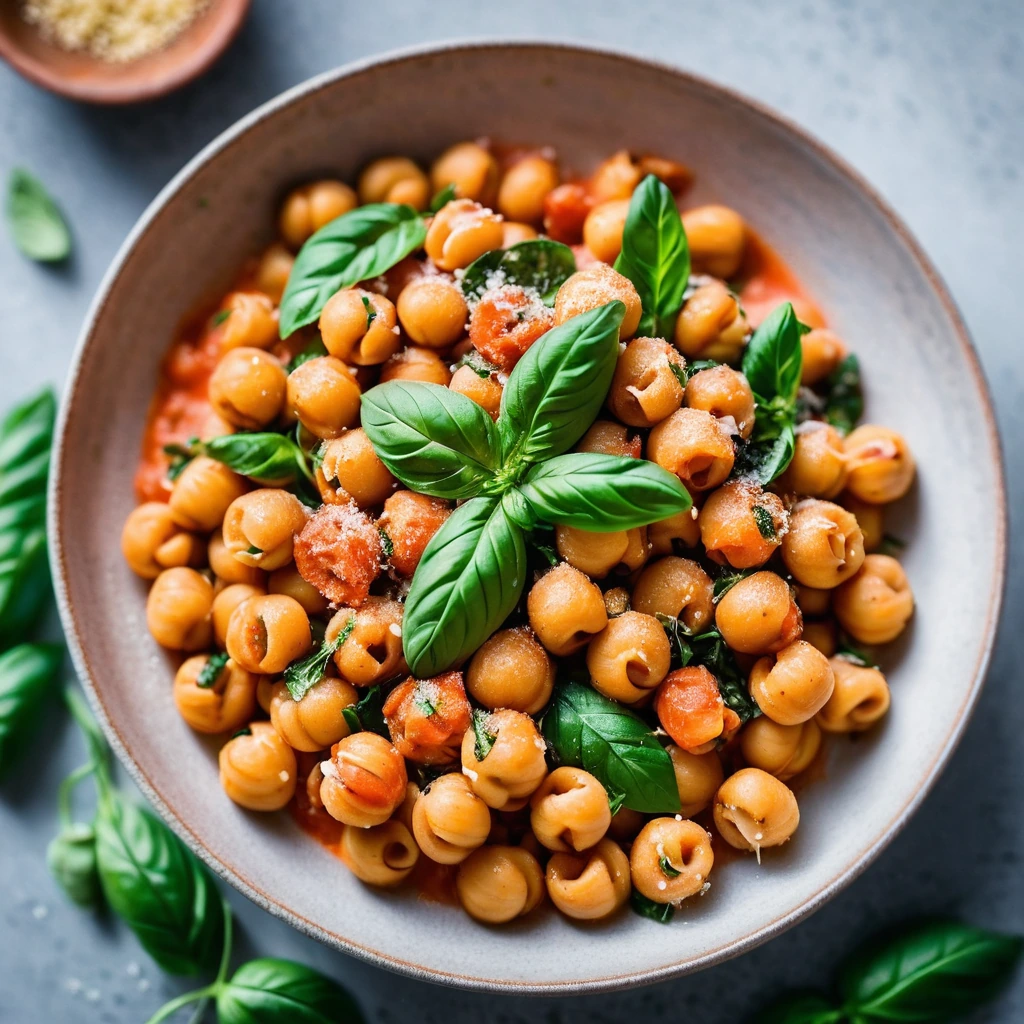 golden gnocchi in a vibrant red sauce with green basil leaves, topped with chickpeas in a wide bowl
