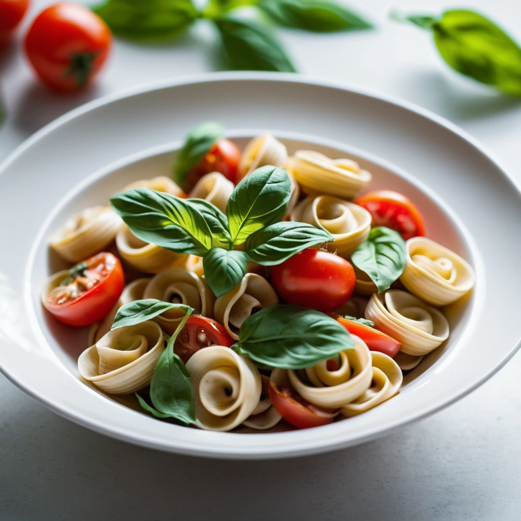 Bowl of creamy tomato basil pasta with orecchiette, garnished with fresh basil leaves